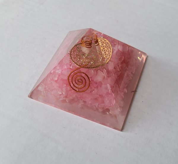 Rose Quartz Orgone Pyramid with 4 Copper Springs & Flower of Life Symbol